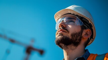 Blue sky background with engineer wearing white helmet and safety glasses looking up at the clear blue sky.

