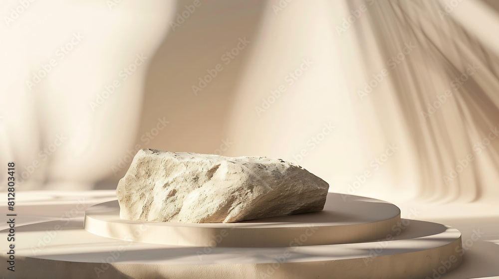 Poster beige concept product display podium rock stone with blurred background with sunlight shadow : gener