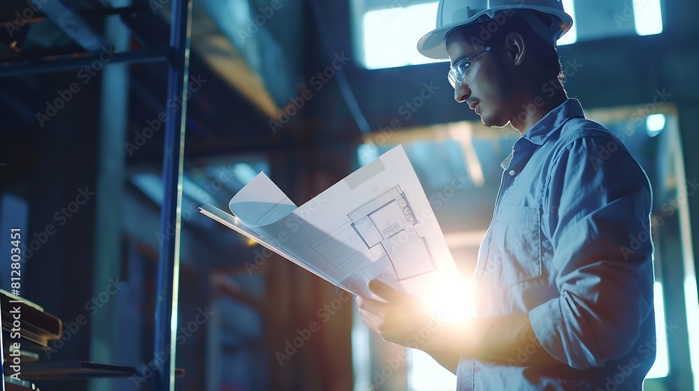 Poster portrait of an architect builder studying layout plan of the rooms serious civil engineer working wi