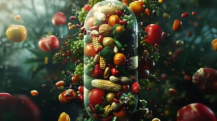 An HD image showcasing a capsule brimming with a colorful assortment of fruits, vegetables, nuts, and beans, symbolizing the synthesis of nature's goodness in a convenient form - Powered by Adobe