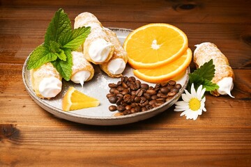 Homemade baking - grandma baked sweet puff pastry tubes,
filled with snow from egg whites or whipped cream,
traditional Czech delicacy.