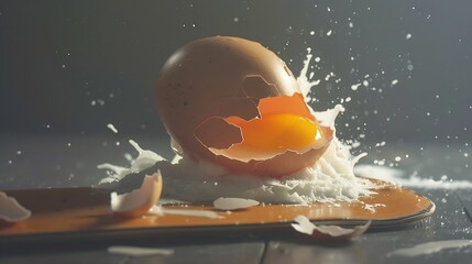 Creative food layout with broken egg with adhesive bandage and skateboard on grey background : Generative AI