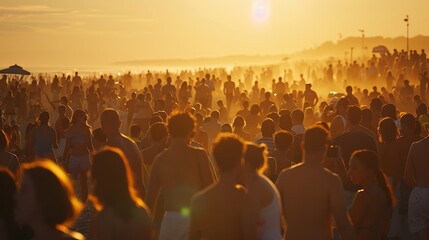 Obraz premium Big crowd of people having fun at sunset beach : Generative AI