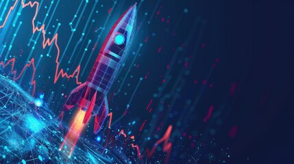 Digital rocket launch from the stock market candlestick in outer space. Boosting of investment profit concept AI generated