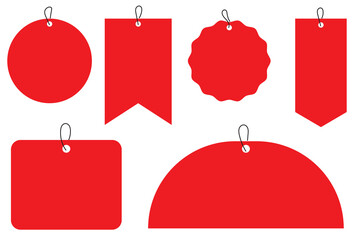 Red ribbon label. Price discount promotion banner, special offer sticker. Vector isolated set