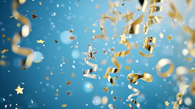 2024 gold colored numbers ribbons and stars confetti on a blue background New Year festive layout with copy space : Generative AI - Powered by Adobe
