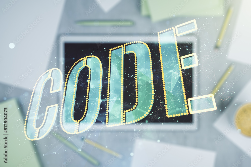 Poster creative code word sign and modern digital tablet on desktop on background, top view, international 