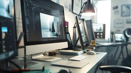 Web design studio with promo page on computer display and copy space beside : Generative AI