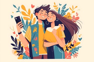 Affectionate Couple Capturing Shared Moment Through Selfie on Mobile Phone Amid Vibrant Floral Backdrop
