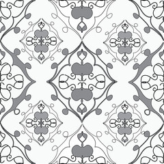 vector graphics seamless pattern in floral style in the frame of lines. flowers, squares, triangles and lines.