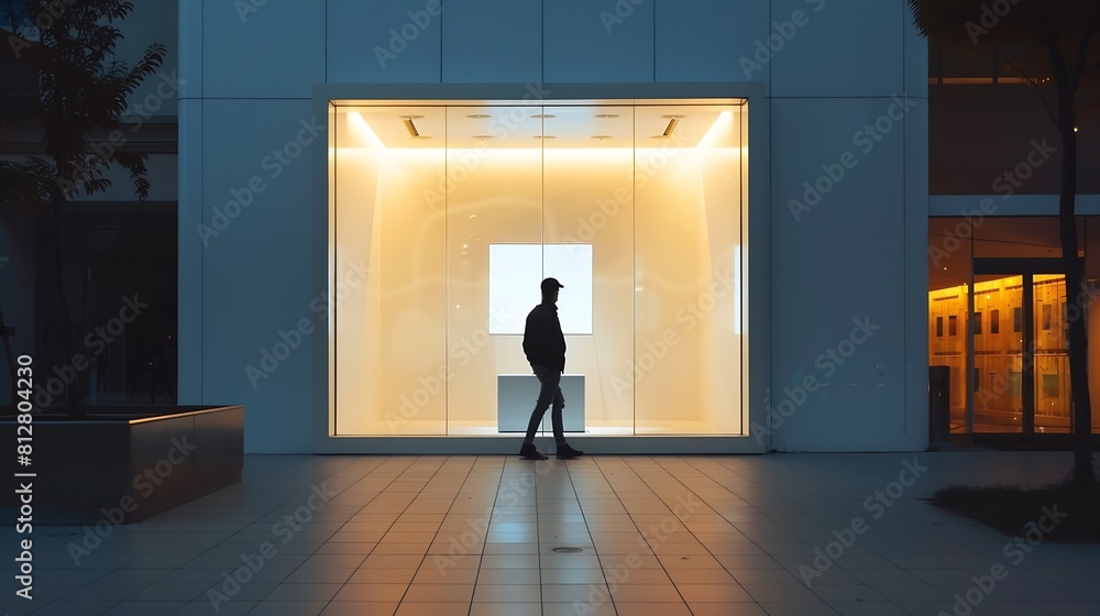 Poster Man walking by evening empty shop window with podium inside for your product presentation on glowing white background in modern building area outdoors mock up : Generative AI