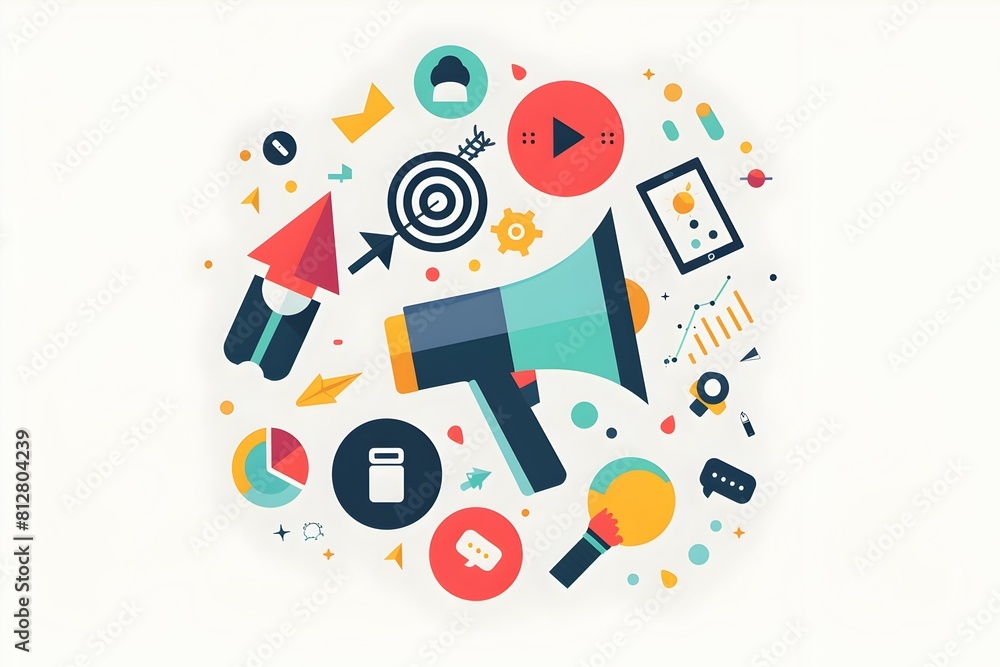 Aufkleber Flat Design of Modern Marketing and Digital Business Graphics description This image depicts a flat design showcasing various marketing and digital