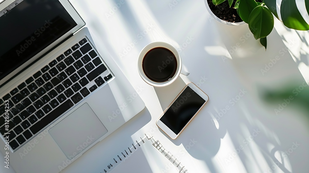 Poster Modern white office desk table with laptop computer smartphone with black screen over a notebook and cup of coffee Top view with copy space flat lay : Generative AI