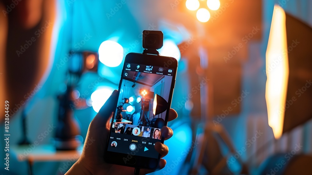 Aufkleber phone in hand with video sharing app mockup on its screen : generative ai