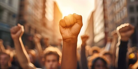 Protesters rally in urban areas with raised fists for a human rights revolution. Concept Civil Rights Movement, Activism, Political Protest, Equality, Social Justice