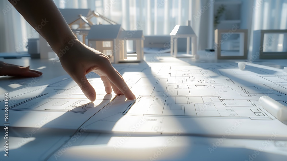 Poster Interior architecture discussing with blueprint Engineering Concept : Generative AI