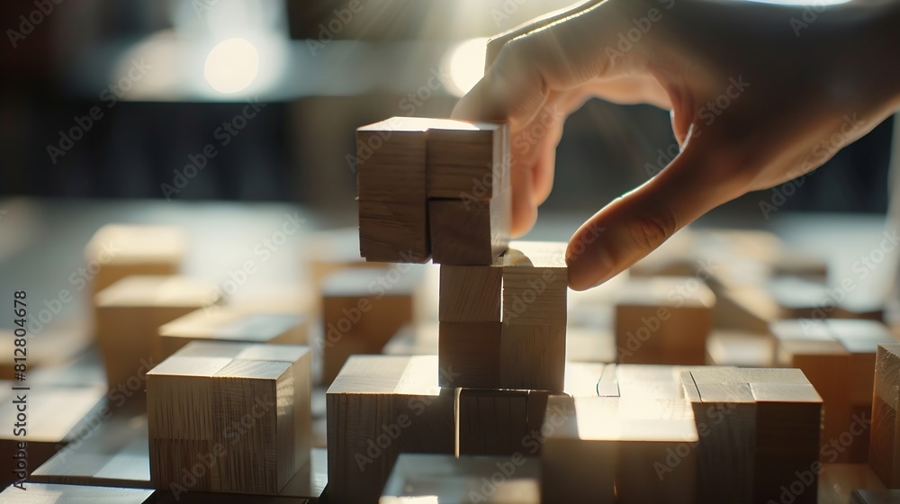 Poster Hand putting and array wooden cube stacking for job and technology progress update concept : Generative AI