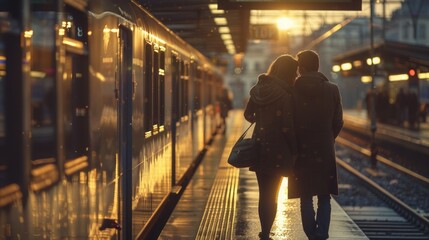 A couple kissing on a train platform couple silhouette parting at the station