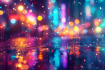 Obraz premium Night city bokeh with colorful lights for dynamic and vibrant backgrounds. Rain on Neon Lights