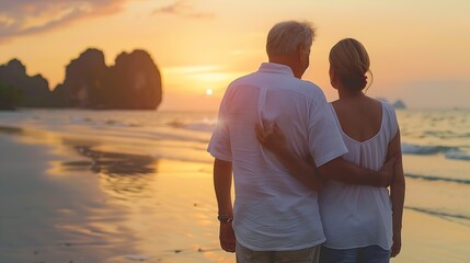 Romantic middle aged couple enjoying beautiful sunset walk on the beach travel vacation Krabi Thailand : Generative AI