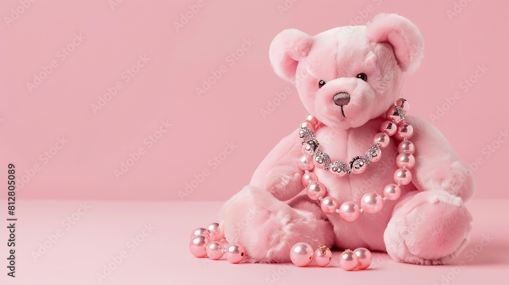 Wall mural Creative layout with pink teddy bear with luxury jewelry on pastel pink background 80s or 90s retro fashion or life style  concept Romantic trendy idea : Generative AI