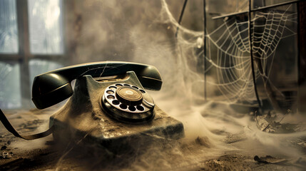Eerie scene of a dusty old rotary phone with cobwebs in a dimly lit, abandoned setting