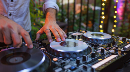 Naklejka premium DJ mixing tracks on a console at an outdoor party with colorful lights in the background