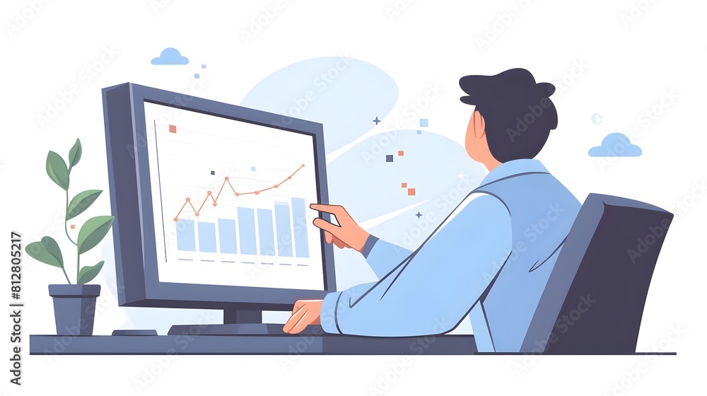 Poster businessman analyzing financial data and growth trends on computer monitor