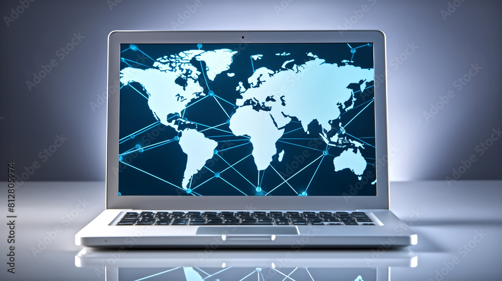 Poster an open laptop displays a graphical representation of global connections, illustrating international