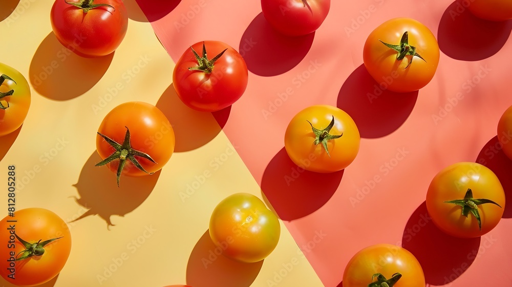 Poster flat lay of trendy gradient pattern tomato pattern of red orange and yellow tomatoes on trendy very 