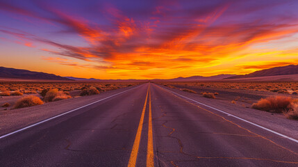 Long road disappearing into a stunning sunset with vivid orange and purple sky