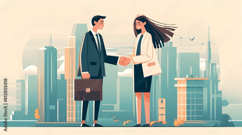 Aufkleber confident business partners shaking hands in front of cityscape with skyscrapers representing a succ