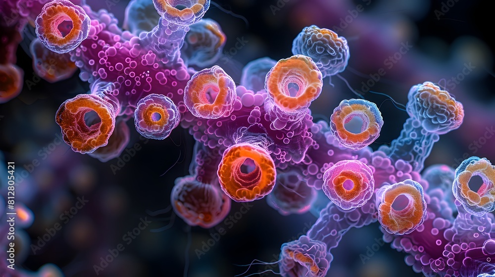 Poster vibrant molecular masterpiece electron microscopy captures intricate cellular structures in vivid hu