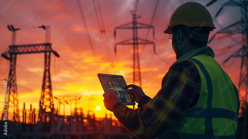 Poster technology concept with high voltage power lines electrical engineer helmet digital tablet sunset po