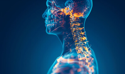 X-ray image of the human spine on a blue background. The highlighted yellow-red color cuts off the cervical spine. Medical examination of spine injuries.
