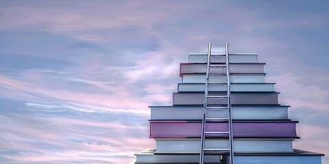 D illustration of a ladder on top of a pile of books against a sky background. Concept 3D illustration, ladder on books, sky background, creative concept