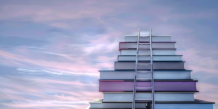 D illustration of a ladder on top of a pile of books against a sky background. Concept 3D illustration, ladder on books, sky background, creative concept
