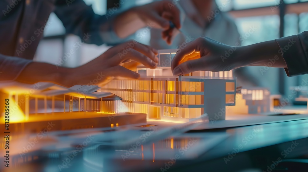 Poster creative people hands and real estate with 3d model of building design architecture or property at o