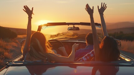 Group of happy young friends in cabriolet with raised hands driving on sunset : Generative AI