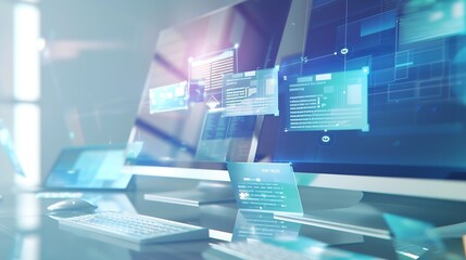 Website design digital advertising agency concept with computer display and flying web page layout elements concept : Generative AI