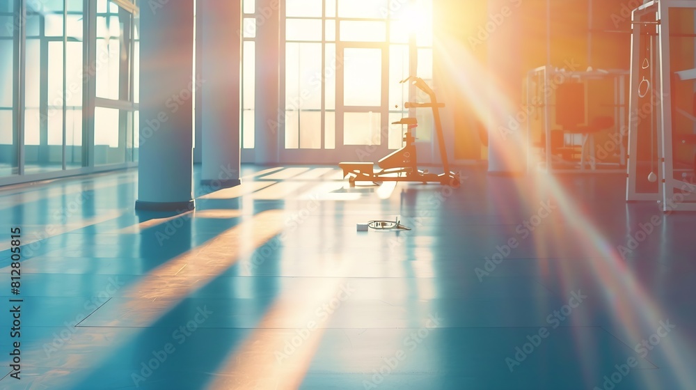 Poster sunshine fitness and empty gym for exercise workout and training sunlight room and a club for sports