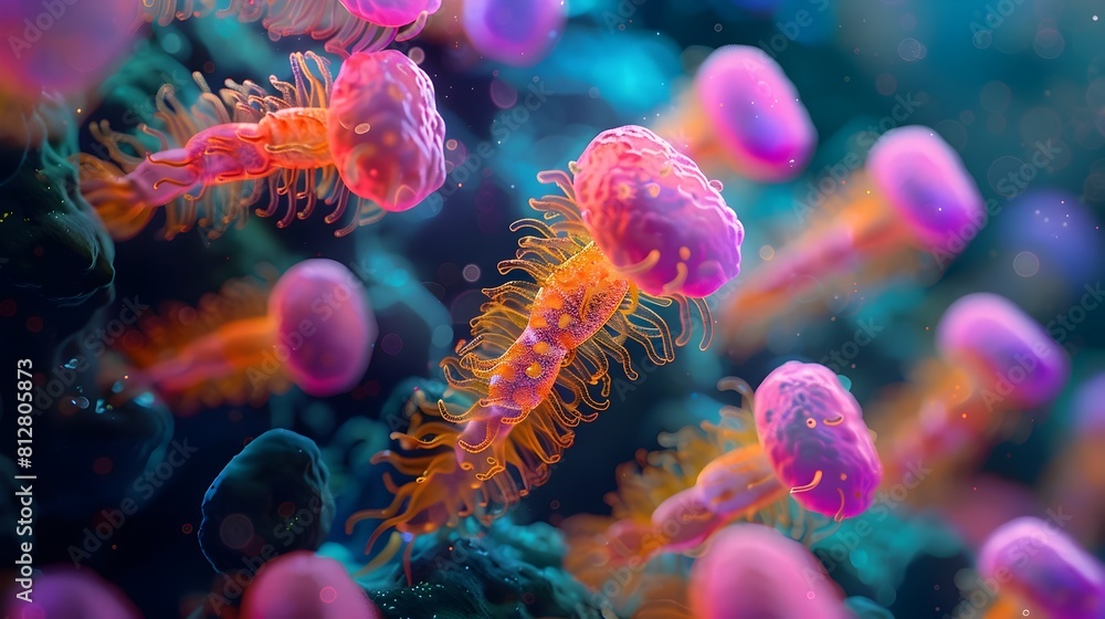Poster vibrant microscopic structures of bacteria captured through electron microscopy at high zoom reveali