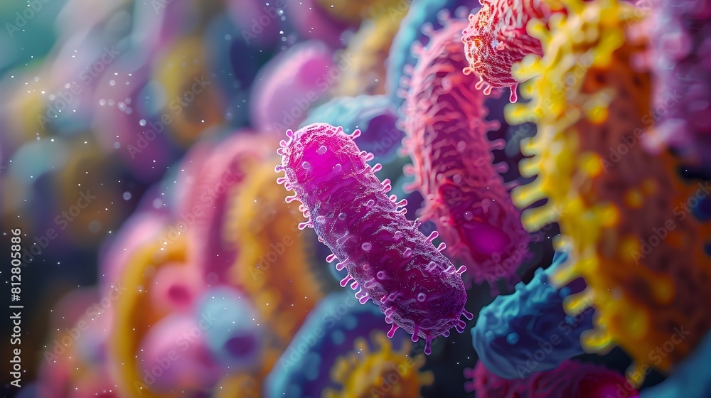 Poster vivid microscopic of intricate bacterial structures with vibrant colors and depth of field