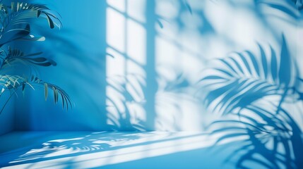 Abstract blue color gradient studio background for product presentation Empty room with shadows of window and flowers and palm leaves  3d room with copy space Summer concert Blurred ba : Generative AI