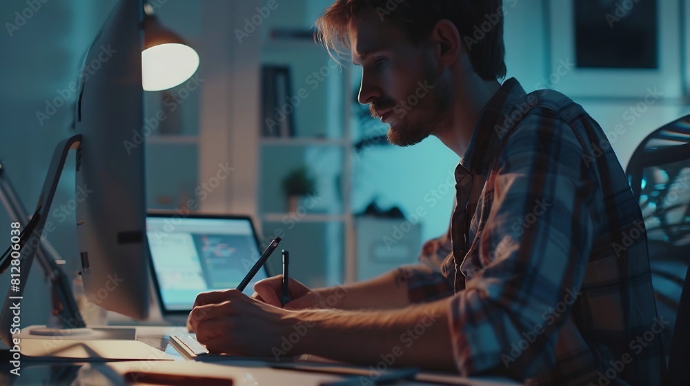 Poster Designers man drawing website ux app development User experience concept : Generative AI