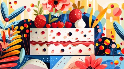 Cake and structured patterns converge in a lively, colorful artwork