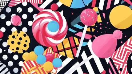 Candy and structured patterns converge in a lively, colorful artwork