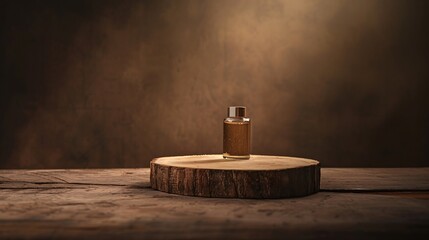 Rustic wood podium display for food perfume jewellery and cosmetic products on dark brown background Front view : Generative AI