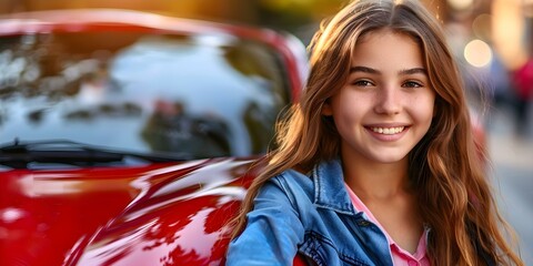 Teenage Girl Celebrating Getting Her Driver's License Next to New Car. Concept Smiling Teen, Driver's License, New Car, Celebration, Milestone - Powered by Adobe