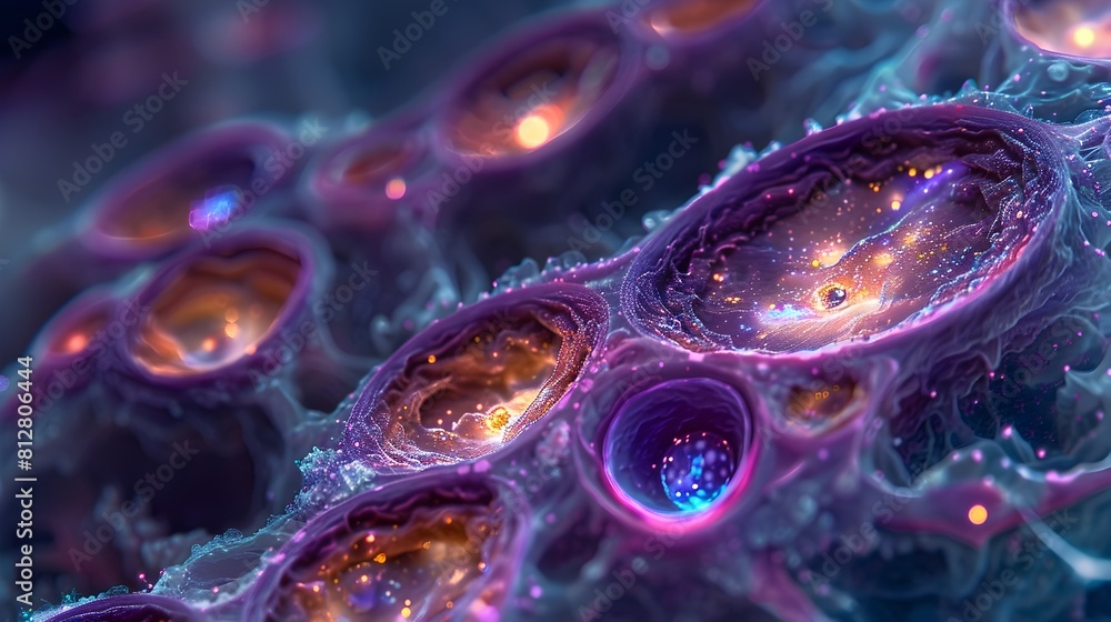 Poster vivid microscopic visualization of intricate cellular structures and patterns in vibrant color descr